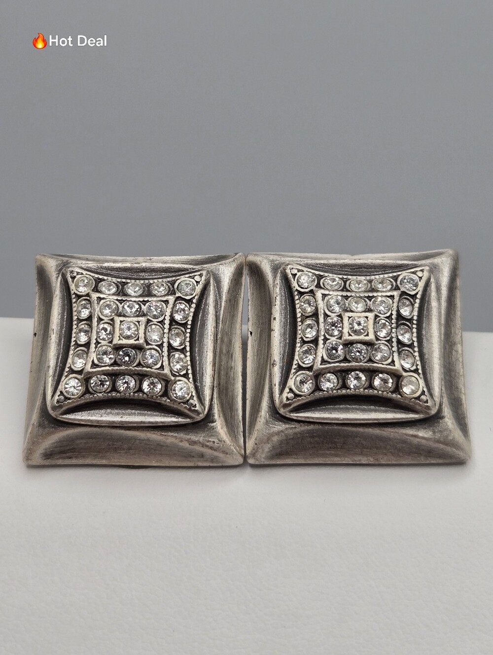 Pave Crystal Clip Earrings Silver Tone 7/8" Made in Canada Vintage